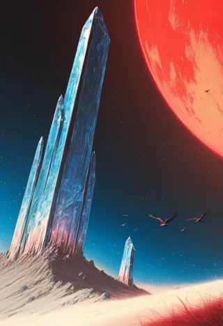 A towering hyper-realistic crystal monolith rises from a barren desert landscape under a large red sun, with a flock of birds flying nearby against a dark starry sky.