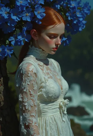 Side profile portrait of a young woman with red hair wearing a white Victorian lace dress, standing by a tree adorned with vibrant blue flowers.