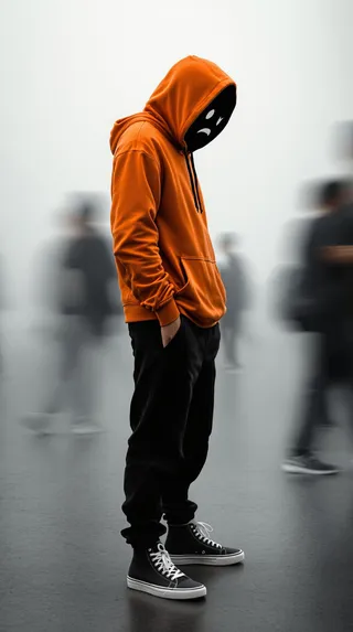 Side view of a bored face emoji figure wearing an orange hoodie, black jogger pants, and black high-top sneakers standing amidst blurred motion figures in a minimalistic open space.