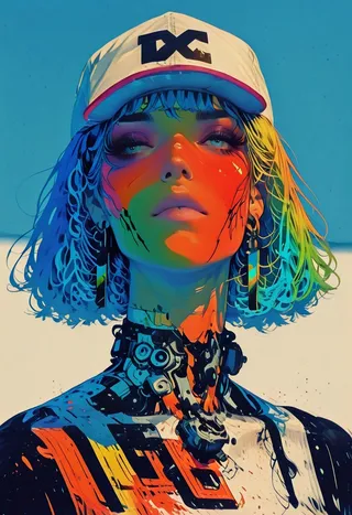 Portrait of a neon skinned young woman with prismatic rainbow hair, wearing a white baseball hat against a blue background and a robotic neck.