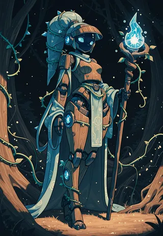 A female robot wizard clad in bulky wood armor with blue crystal accents and a visor, holding a staff wrapped with vines emitting light magic, standing in a magical forest.