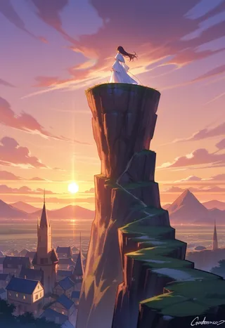 A scenic fantasy sunset view of a tall cliff with a winding path leading up to a woman in a white dress standing atop, overlooking a town with multiple dwellings below.