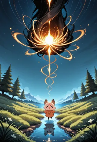 A cute anthropomorphic cat stands in a river surrounded by a lush forest landscape with mountains in the background under a night sky, beneath a swirling golden magical light.