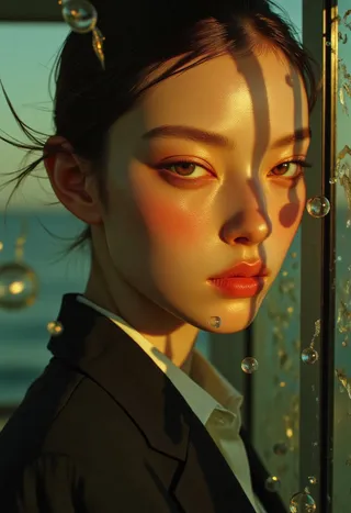 Close-up portrait of a Korean female model wearing a tailored designer suit behind golden-illuminated architectural glass with sunlight casting ethereal patterns and champagne bubbles floating around.