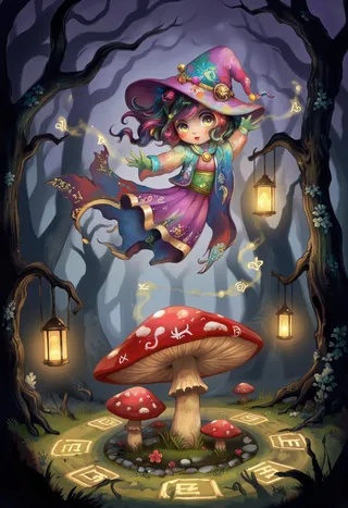 Chibi witch with oversized glowing eyes dressed in a pastel outfit adorned with charms, floating above a red mushroom circle in an enchanted forest with glowing lanterns and floating runes.