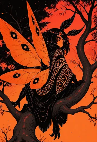 A moth girl with large patterned moth wings and extra eyes, sitting on a tree branch, wearing a decorative poncho in a bright red and black contrasting color scheme.