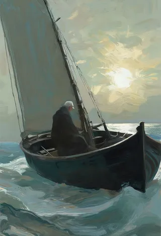 An impressionist-style painting shows an old man with gray hair and a white beard sailing alone on a boat amid sea waves under a moody sky.