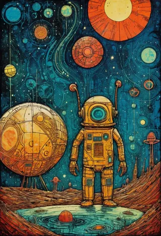 A science-fiction collagraph illustration showing a detailed yellow robot standing on an alien landscape with futuristic planets and stars in the background, inspired by Genndy Tartakovsky style.