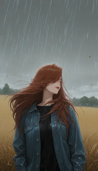 A girl with long auburn hair, eyes closed, wearing a denim jacket and black shirt stands in a wheat field during rain under a grey sky with falling autumn leaves.