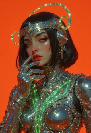 Close-up hyper-realistic portrait of a woman wearing a sleek platinum chrome suit with glowing green accents and a metallic headband with floating illuminated rings, set against an intense orange background.