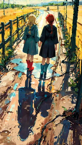 Two girls holding hands walking on a muddy dirt road with puddles, wearing rubber boots and dresses, seen from behind with braided hair and colorful reflections.