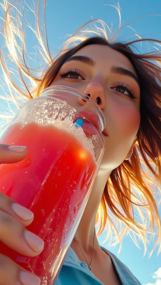 Young woman drinking vibrant semi-blended watermelon pulp juice through a blue straw, shot from a low wide angle with natural light and blue sky background.
