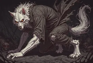 A giant white-furred werewolf with ripped clothing in a dynamic fighting pose against a dark, eerie background with skulls.