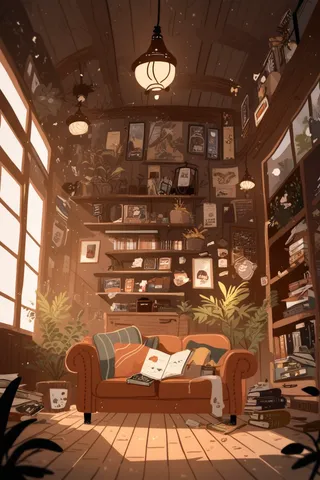 Cozy vintage Japanese stationery store interior with a warm, mid-century lighting, wooden shelves filled with books, postcards, and toys, a brown vintage couch with cushions, and potted plants, illuminated by soft sunlight through large windows.