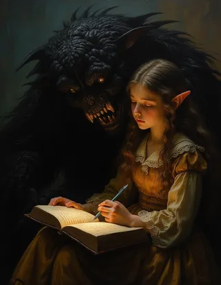 Oil painting of a young elf princess reading a large book by soft warm light, accompanied closely by a dark, detailed monster with glowing eyes, rendered in Rembrandt lighting style.