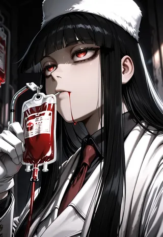 Close-up portrait of a girl with long black hair and red eyes drinking blood from a blood bag through an intravenous drip, dimly lit with chiaroscuro lighting.
