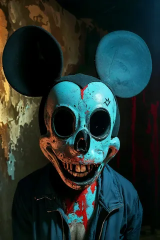 Character wearing a blue skull mask with black hollow eyes and Mickey Mouse ears, dressed in a dark blue jacket, standing against a dark wall with red and green dripping paint under bokeh lighting.