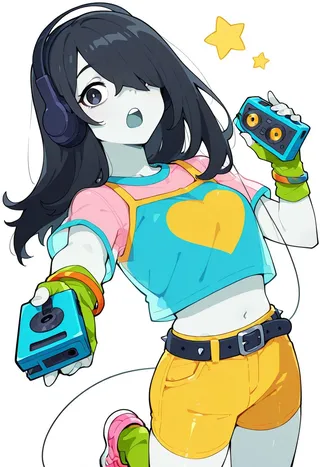 Anime girl with long black hair wearing headphones, colorful outfit with yellow shorts and blue crop top featuring a yellow heart, holding a blue cassette player with a stars background.