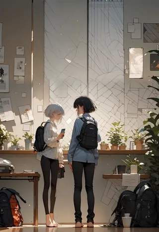Two anime-style girls with short hair and skinny bodies standing barefoot in an art gallery, one holding a cellphone with backpacks on their backs.