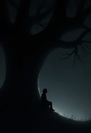 Silhouetted figure rests contemplatively against a large ancient tree trunk, softly illuminated by subtle ethereal light against dark background.