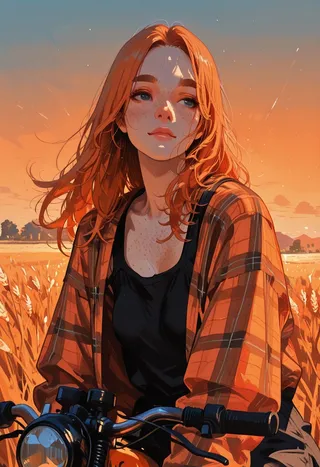 Close-up portrait of a ginger woman with freckles and grey eyes, wearing a black tank top and an open orange plaid shirt, sitting on a dirt bike in a wheat field during sunset with dramatic orange lighting.