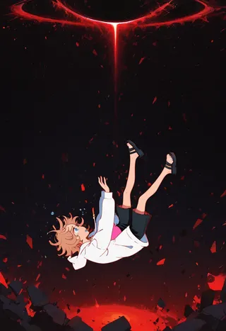 A scared girl with light brown messy hair, blue eyes, wearing a white open hoodie and black shorts, falling amidst red glowing debris towards a red swirling black hole on a black background.