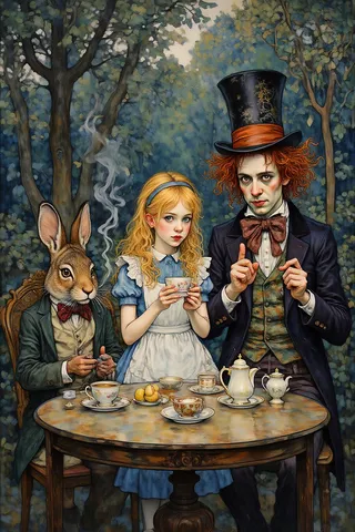 Alice in Wonderland sitting at a forest tea party with the Mad Hatter in a tall hat and an anthropomorphic Rabbit smoking.