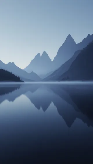 A tranquil minimalist mountain landscape with sharp jagged peaks reflected in a calm lake under a soft blue sky and light mist.