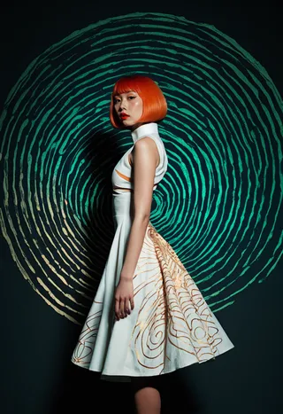 A young Japanese woman with red bob cut hair and red lips wearing a white dress with orange-gold geometric designs, standing against a dark background with a teal spiraling vortex pattern.