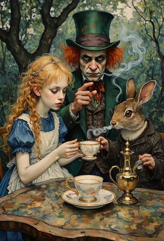 Il Cappellaio Matto con capelli rossi selvaggi e cappello smeraldo indica accusatoriamente mentre Alice in un grembiule cobalto tiene una delicata tazza da tè, seduta accanto a un coniglio antropomorfo con panciotto in tweed e monocolo, tutti riuniti attorno a un tavolo di quercia coperto di muschio in una foresta muschiosa e oscura con vapore e fumo che si avvolgono.