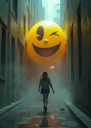 A towering, enormous Pac-Man with glowing yellow skin and an unsettling smile hovers in a foggy narrow urban alley, while a woman runs away, backlit by cinematic lighting.