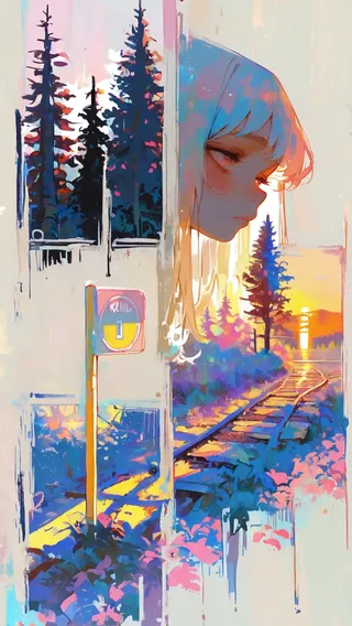 A stylized impressionistic painting of railroad tracks winding at sunset, with pine trees lining the path and a girl's profile blending into the scene, featuring pastel colors and a speed limit sign.
