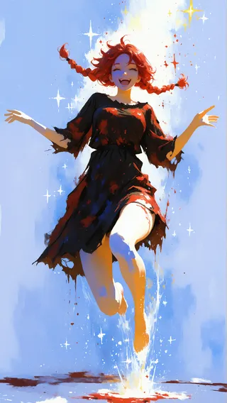 A joyful red-haired girl with messy twin braids jumps dynamically wearing a torn black and red dress, surrounded by sparkles and vibrant impressionist brushstrokes.