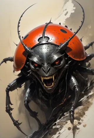 A detailed dark fantasy oil painting of a monstrous ladybug with oversized features and a menacing expression, featuring a vibrant red shell and sharp black limbs against a minimal neutral background.