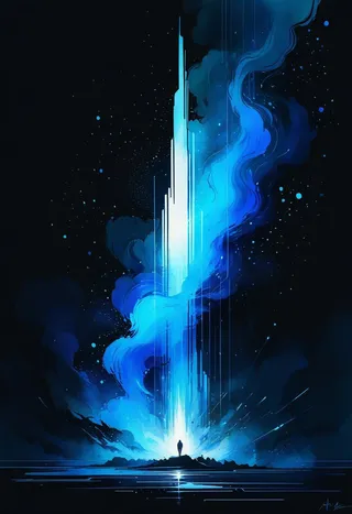 A high detailed digital artwork featuring a glowing blue aura tower with glitch effects, surrounded by black fog and set against a dark background.