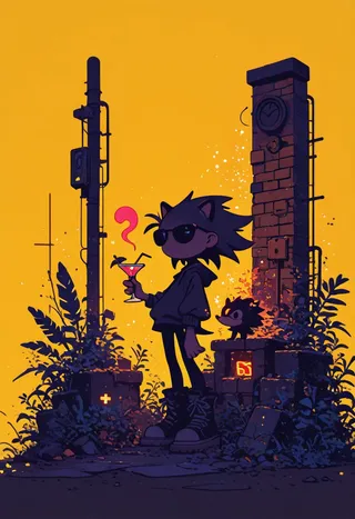A stylized hedgehog character wearing sunglasses and holding a cocktail glass, standing in front of a yellow background with a brick wall and plants, rendered in flat design with vibrant colors.