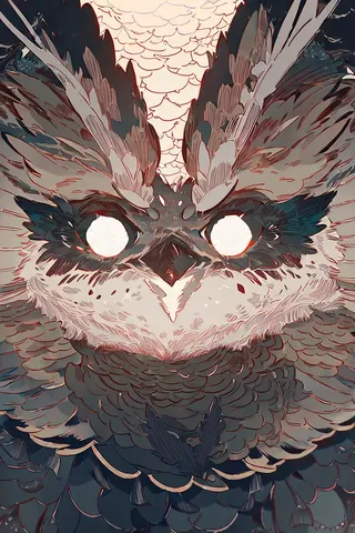 Detailed illustration of an owl with white eyes, drawn in an ink style with intricate line art and feather textures.