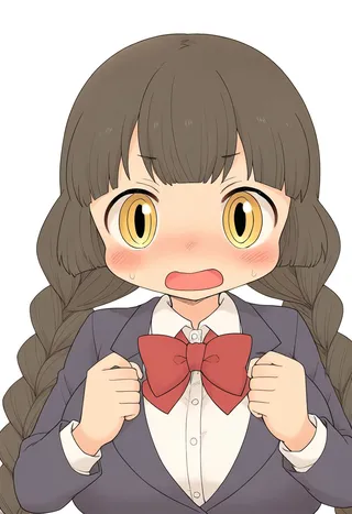 Anime girl with light brown twin braids, large yellow eyes, wearing a dark gray blazer with white shirt and red bowtie, blushing with a surprised expression.
