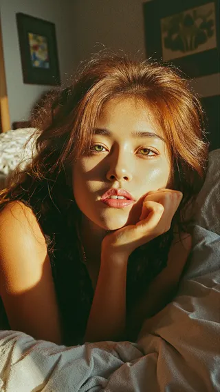 Retrato em close de uma mulher com olhos verdes deitada em uma cama, iluminada pela luz quente do sol da hora dourada em ambiente interno.