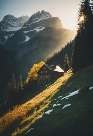 Photorealistic image of a rustic mountain cottage illuminated by warm sunbeams with snowy peaks and lush greenery in the background at golden hour.
