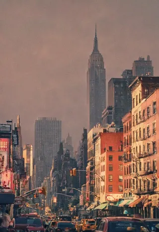 New York cityscape featuring warm, soft lighting with a vintage aesthetic and muted color palette, highlighting the Empire State Building and urban street view.