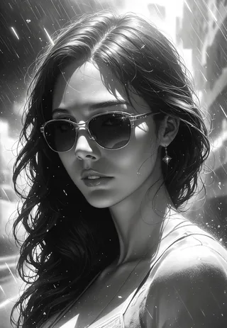 Realistic monochrome portrait of a young woman wearing sunglasses, depicted with intricate details and an electric storm effect in the background.