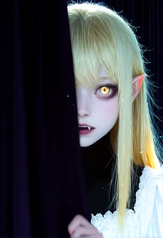 Close-up portrait of a vampire girl with yellow eyes and blonde hair peeking from behind dark fabric curtains in a photo studio.