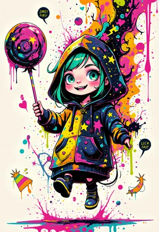 A chibi girl with bright turquoise hair and expressive green eyes wears a colorful hoodie decorated with stars and hearts, holding a large swirling lollipop dripping neon paint in a graffiti-inspired scene.