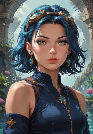 Realistic portrait of an underwater explorer with short wavy blue hair, wearing an advanced diving suit with bioluminescent accents and goggles, standing amidst ancient ruins with cinematic lighting.