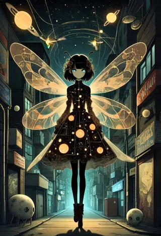 Anime-style cyberfly girl with glowing translucent wings standing in a dark city street, surrounded by glowing orbs, planets, and cosmic elements in a surreal atmosphere.