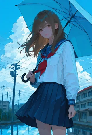 A girl wearing a blue pleated skirt and white sailor uniform holding a transparent umbrella outdoors under a bright blue sky with power lines and buildings in the background.