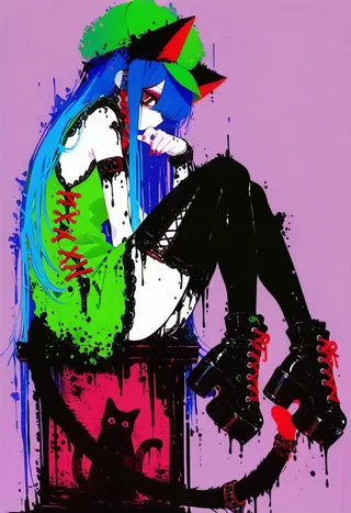 Ink art of a cat girl with blue hair wearing a green dress and black thighhighs seated against a pink background