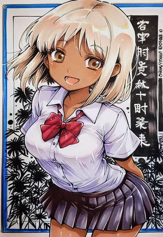 Illustration of a dark-skinned female anime character with blonde hair and brown eyes, smiling while wearing a white short-sleeved shirt, red bowtie, and pleated skirt, drawn in Chinese ink art style.