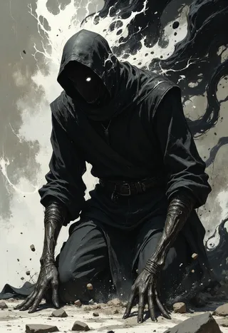 A dark fantasy hooded figure crawling on the ground with two contrasting glowing eyes amid swirling black and white aura particles.